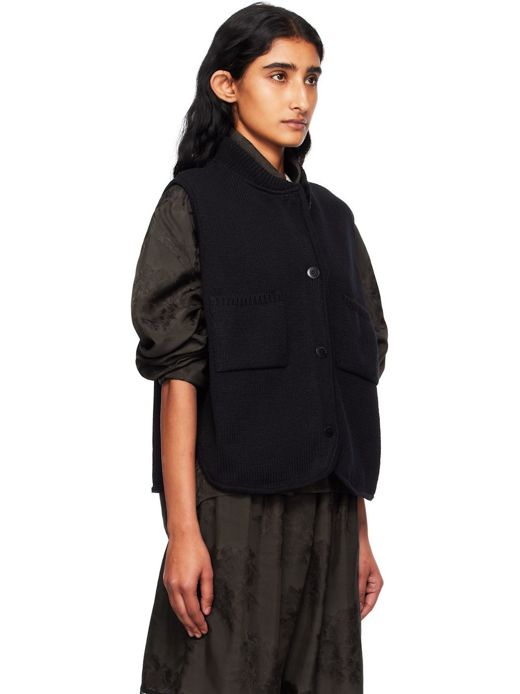 Black Boxy Cotton Waistcoat Cardigan - 2