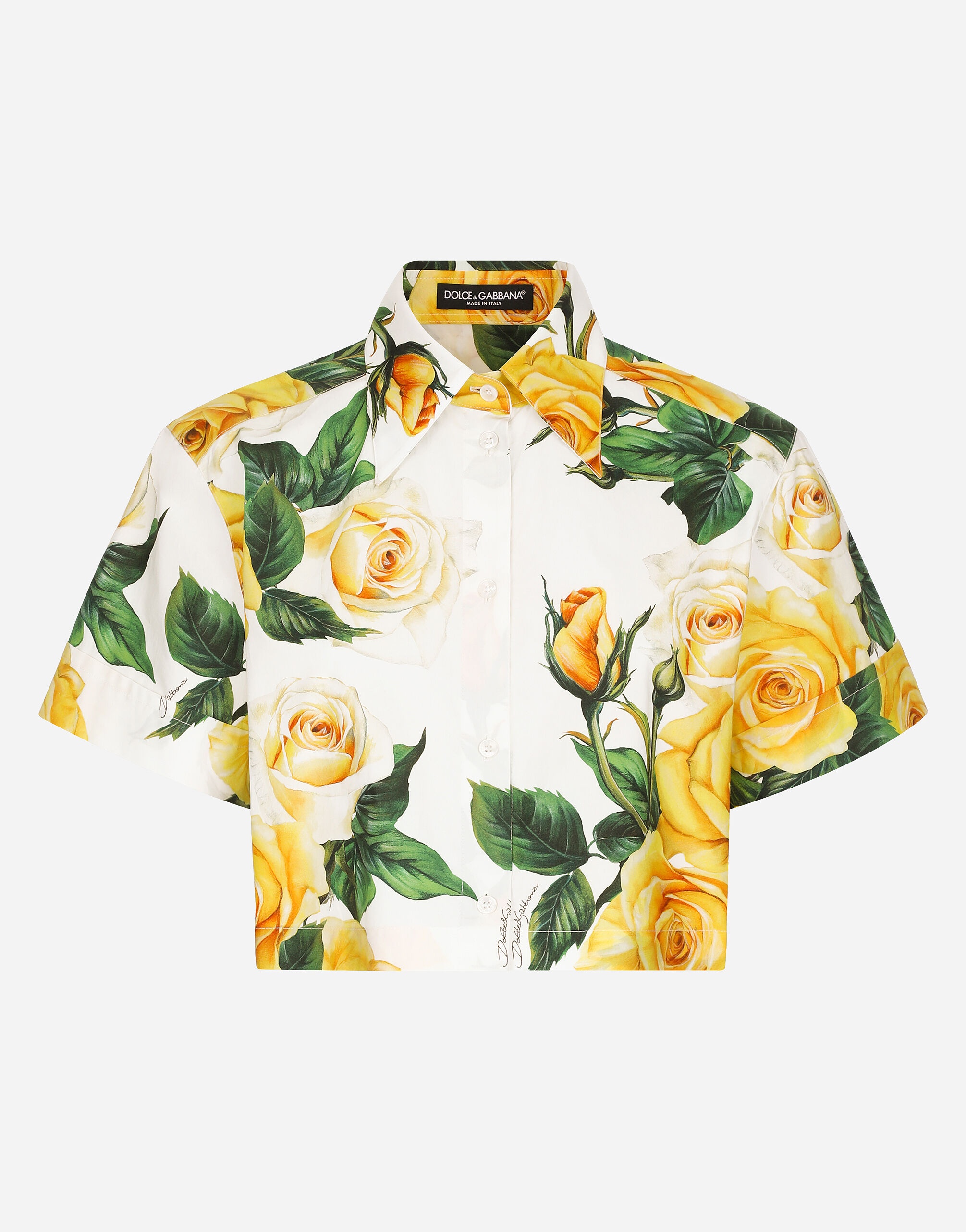 Short cotton shirt with yellow rose print - 1