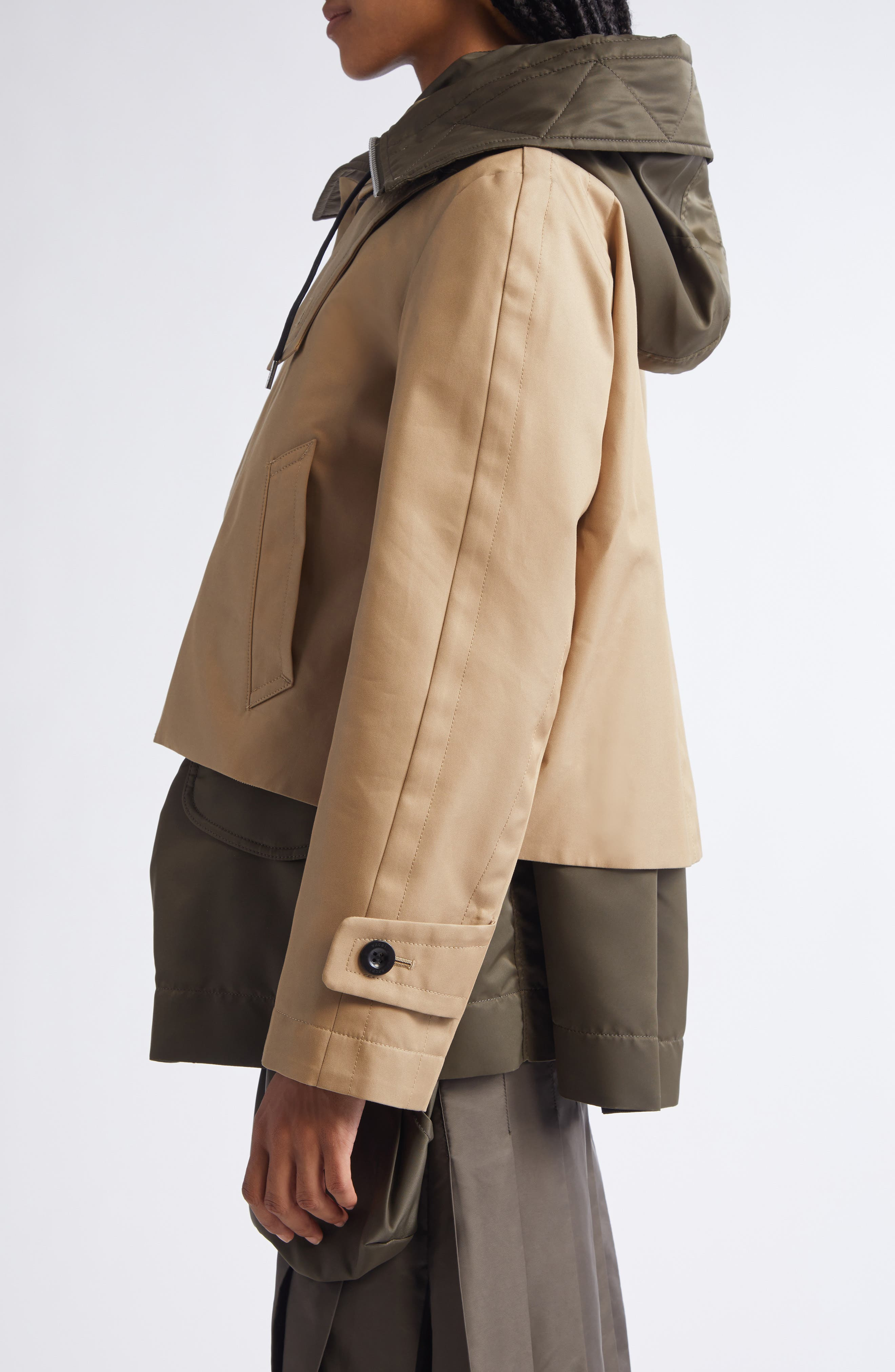Sacai Hooded Mixed Media Jacket in Beige/Dark Khaki at Nordstrom - 4