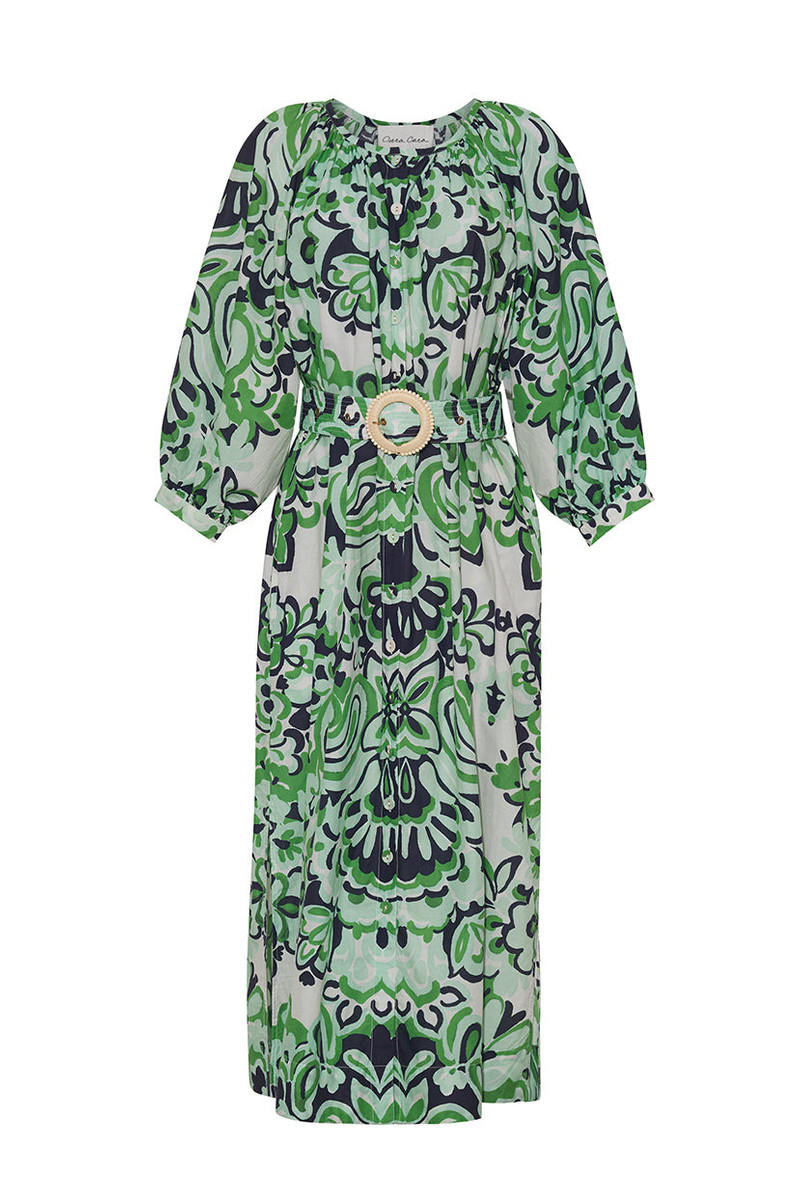 Simone Cover-Up Dress Breezy Volume, Blouson Sleeves, Raffia Buckle and Crochet-Covered Buttons 1
