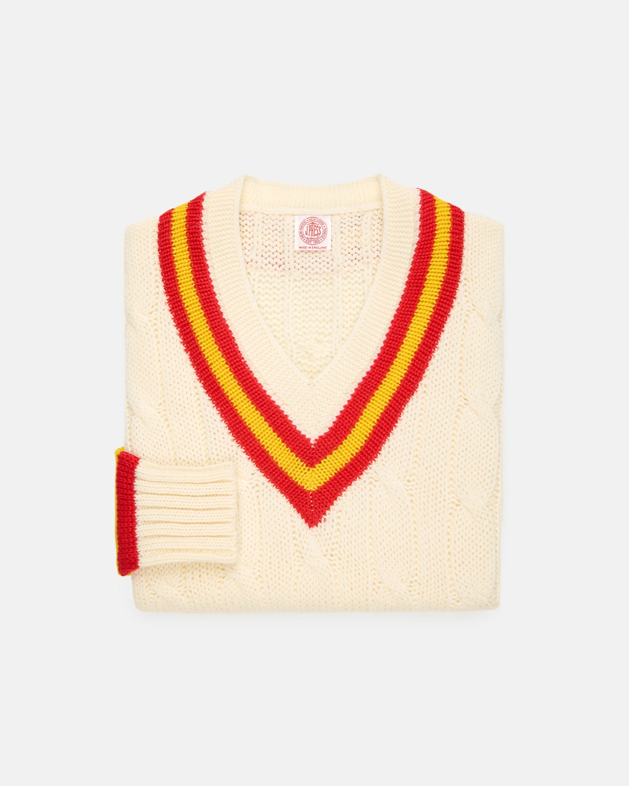 MADE-IN-ENGLAND RED & YELLOW CABLE KNIT CRICKET SWEATER - 1