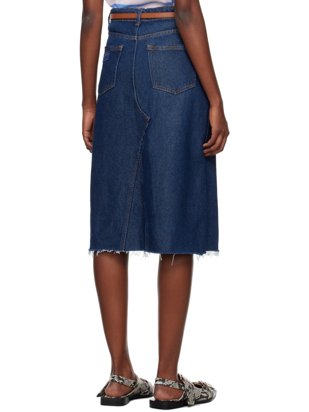 Indigo Raw Edge Denim Midi Skirt - 3