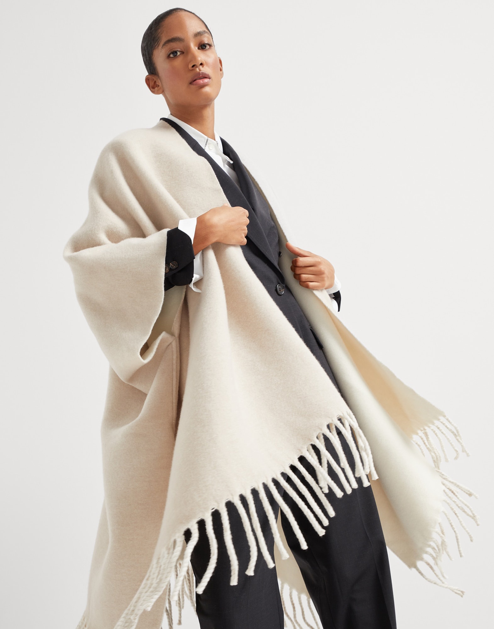 Wool and cashmere reversible double knit poncho - 4