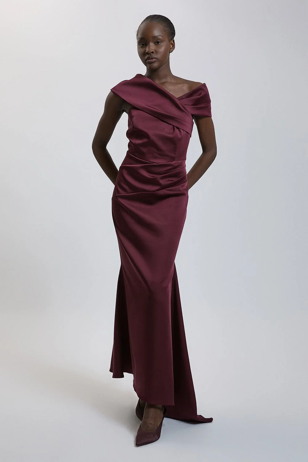 Tailored Satin Drape Asymmetric Maxi Fishtail Dress - 1