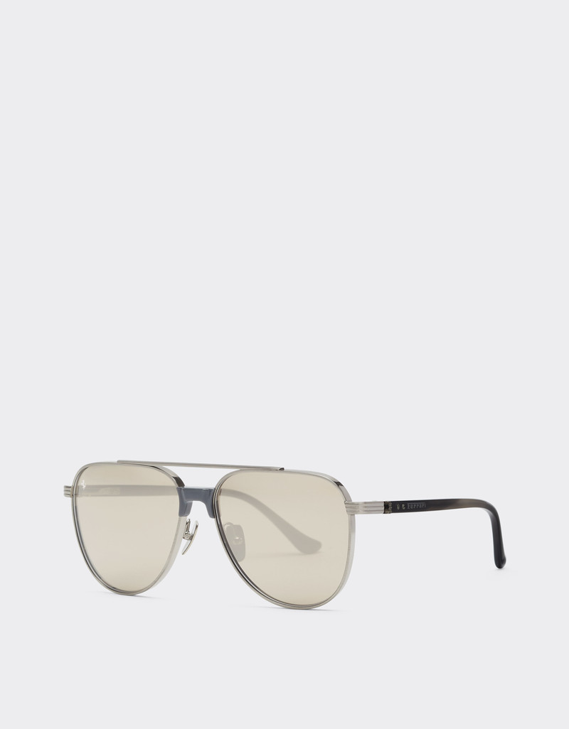 Ferrari sunglasses in brushed silver titanium and acetate with transparent gold lenses with white m 3