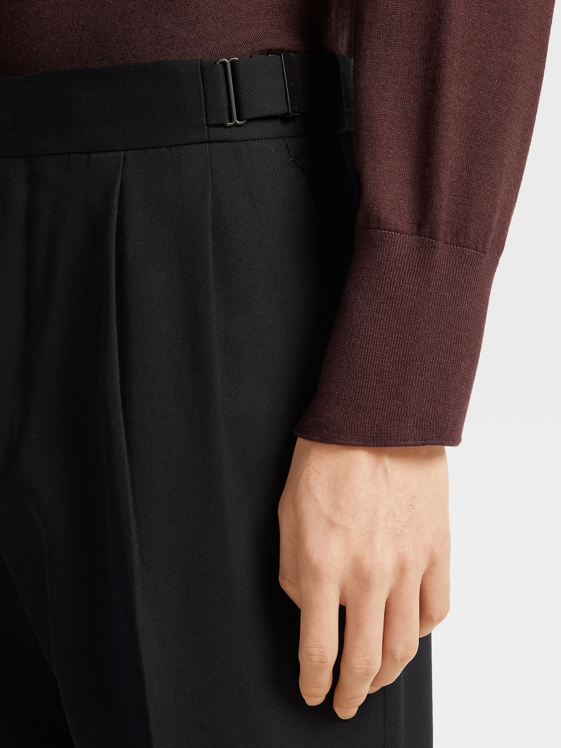 BLACK COTTON AND WOOL PANTS - 5