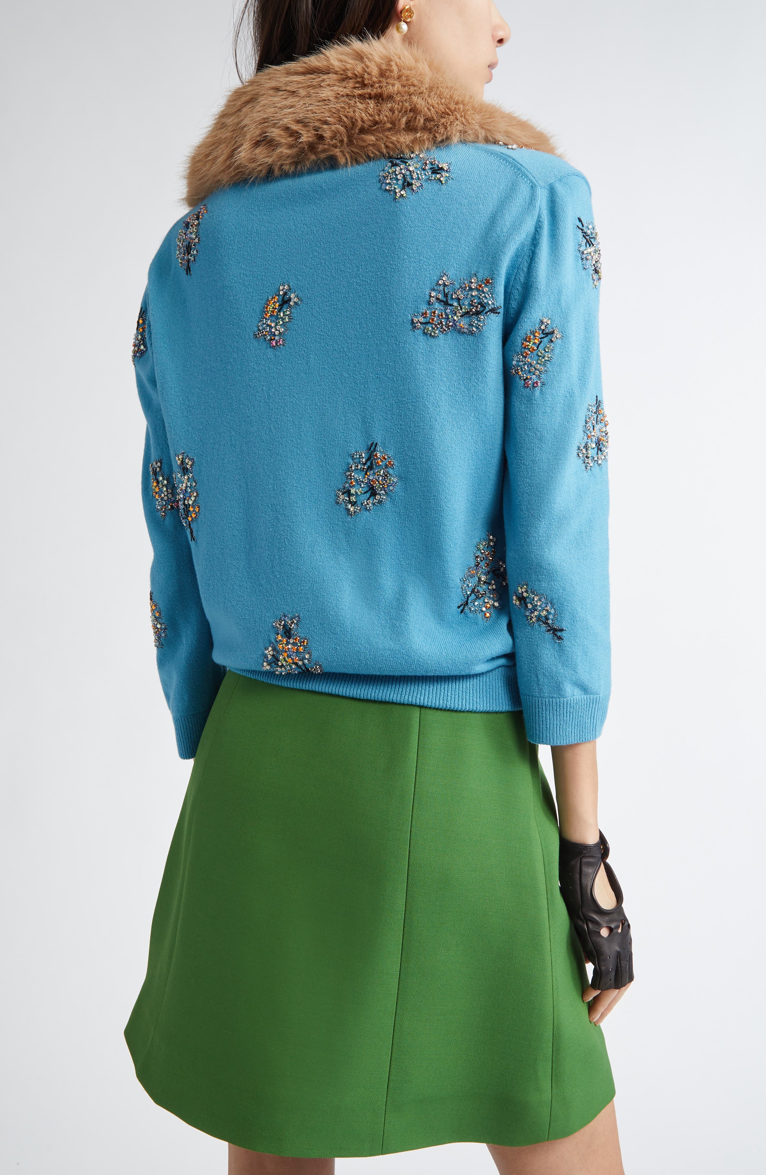 Valentino Garavani Embroidered Wool Cardigan with Removable Faux Fur Collar in Blue at Nordstrom - 3