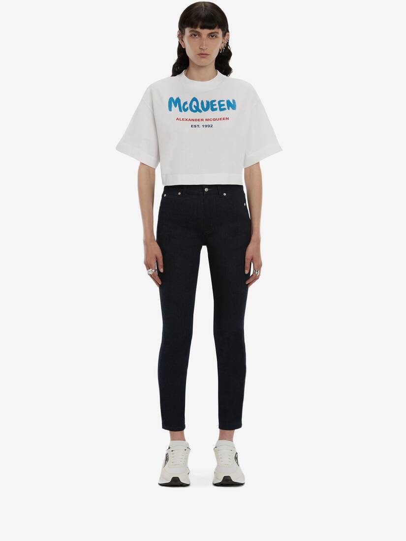 Mcqueen Graffiti Cropped T-shirt in White/multicolour - 2