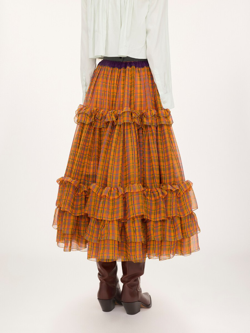 RUFFLED LONG SKIRT IN CHECK SILK MOUSSELINE 4