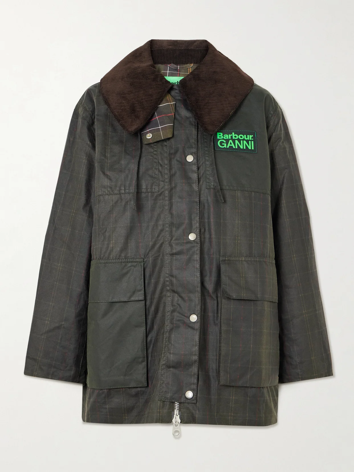 + Ganni Hooded Corduroy-trimmed Checked Waxed-cotton Jacket - 1