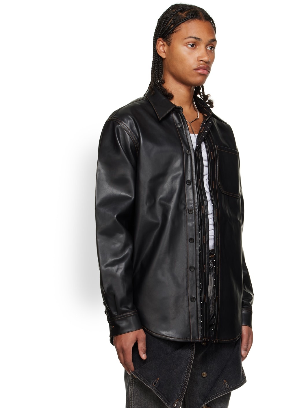Black Hook-Eye Faux-Leather Shirt - 2