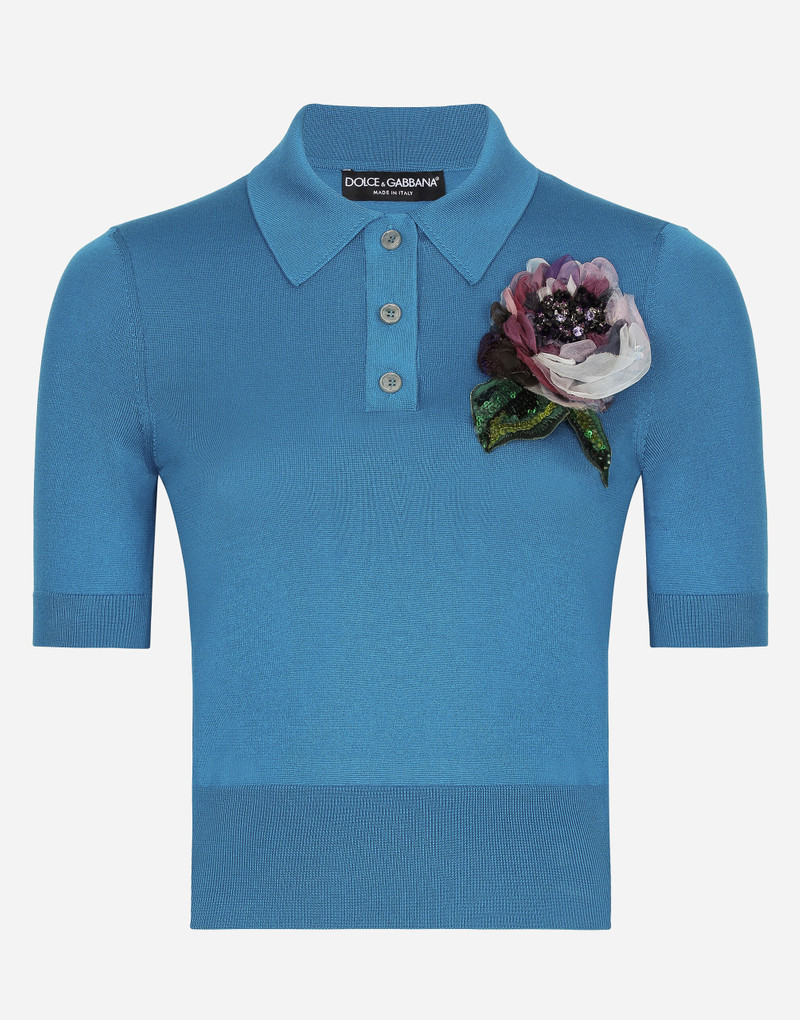 Silk polo-shirt with flower appliqué 1