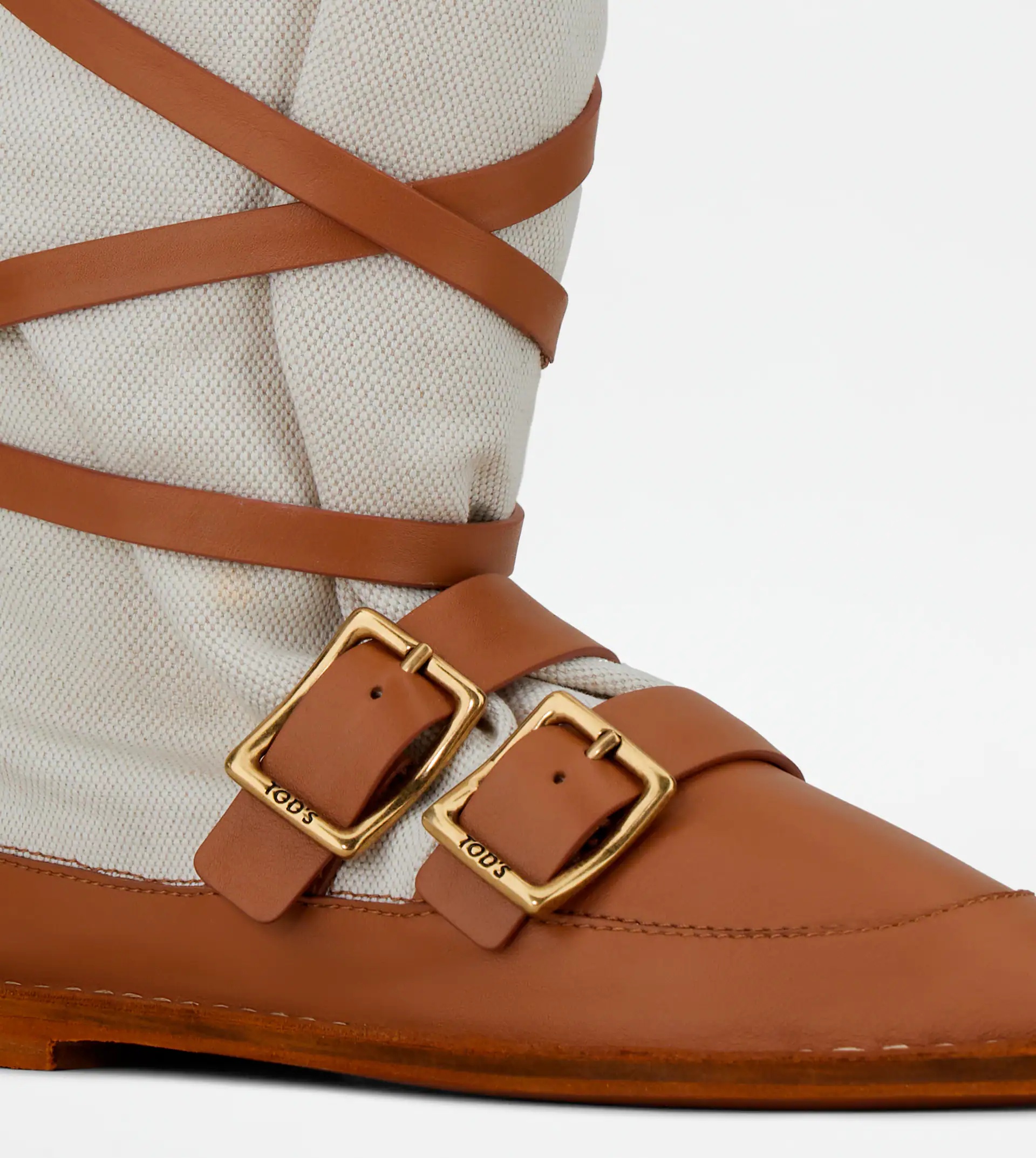 BOOTS IN LEATHER AND CANVAS - OFF WHITE, BEIGE - 4