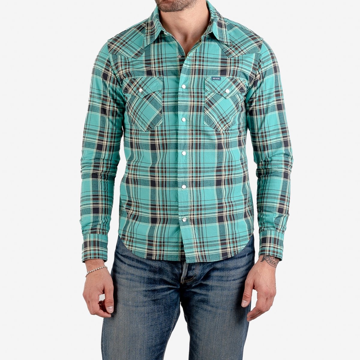 IHSH-355-GRN 5oz Selvedge Madras Check Western Shirt - Green - 2