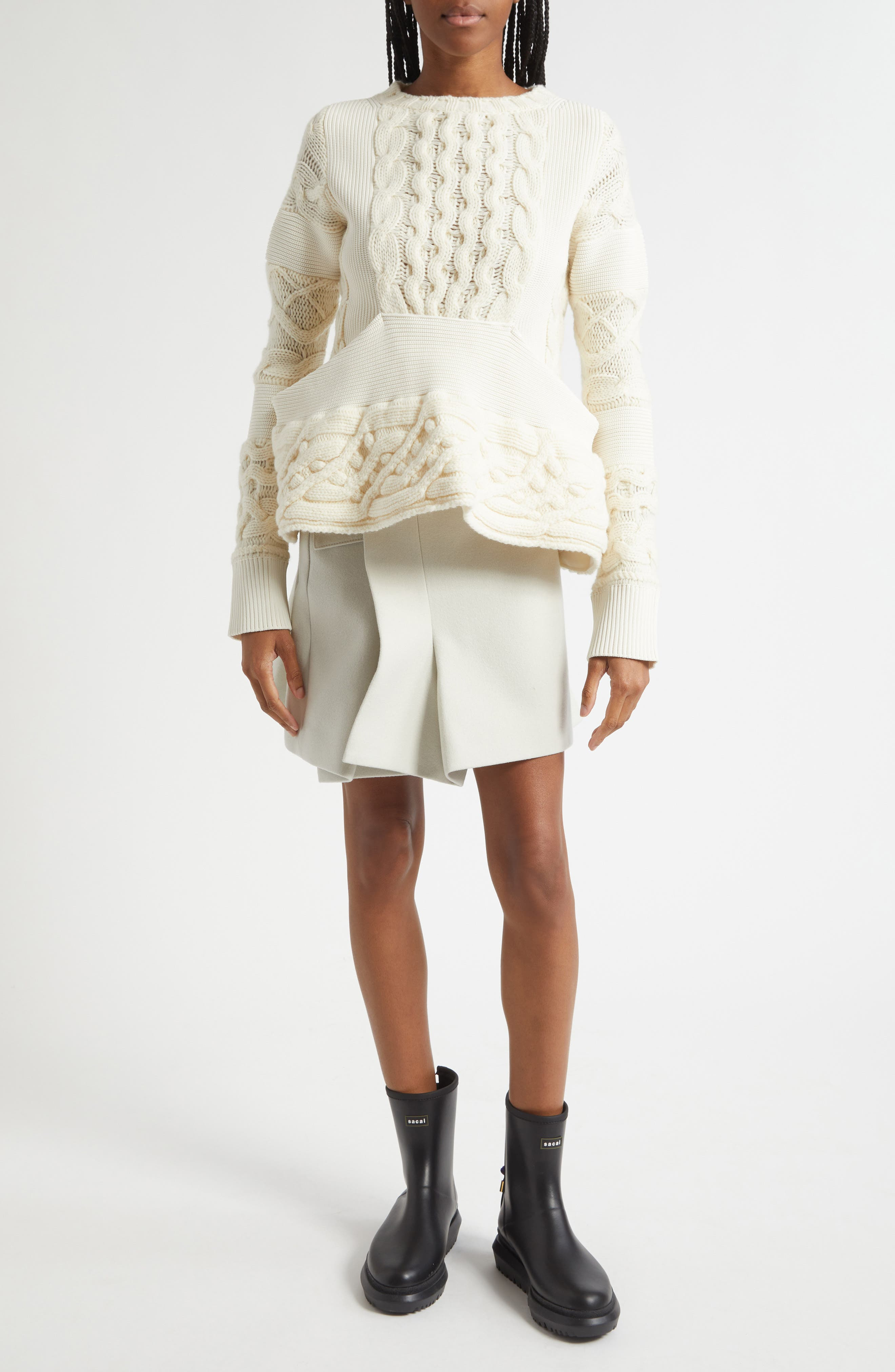 Sacai Cable Knit Peplum Sweater in Off White at Nordstrom - 2