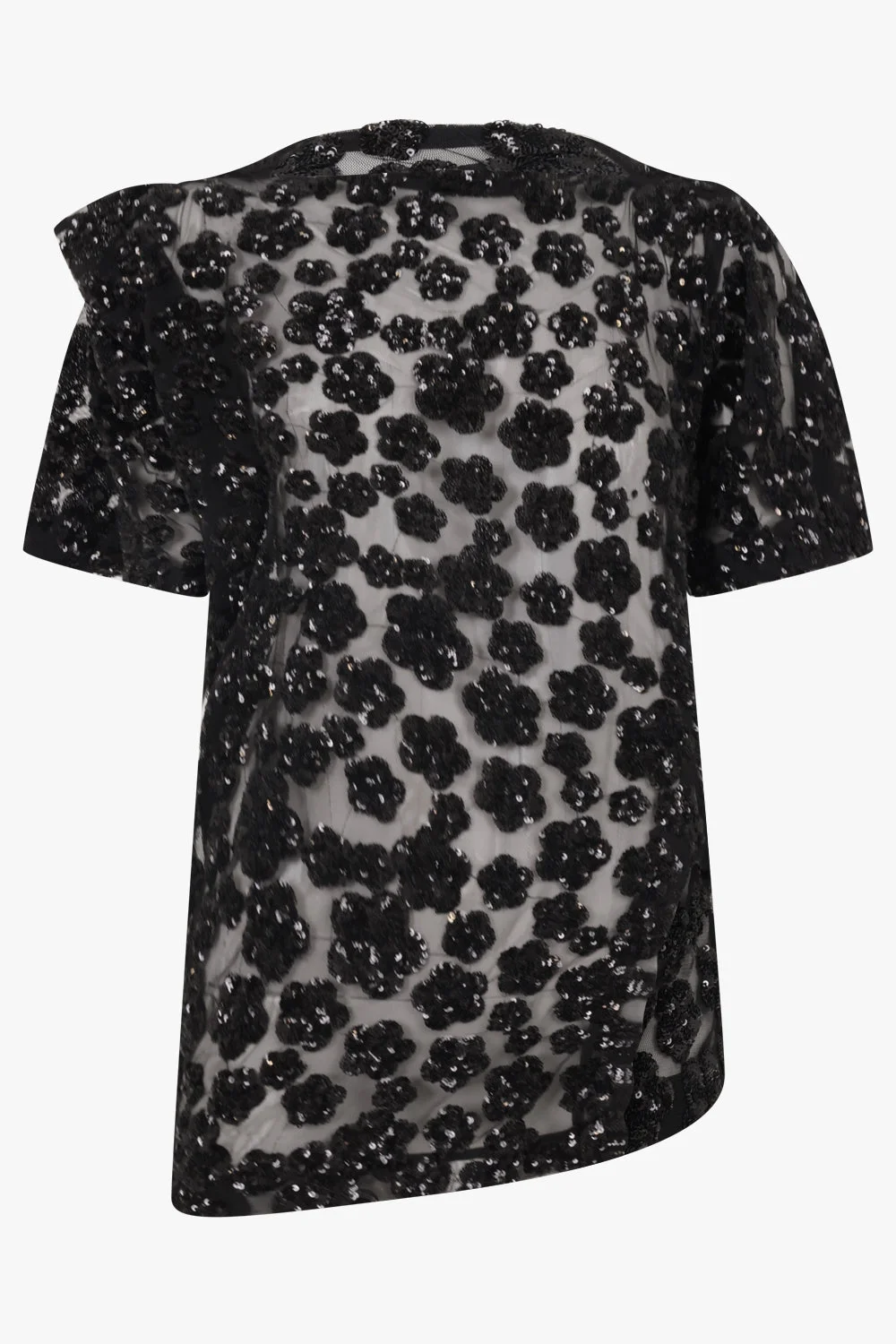 FLORAL SEQUIN ASYMMETRIC T-SHIRT | BLACK - 1