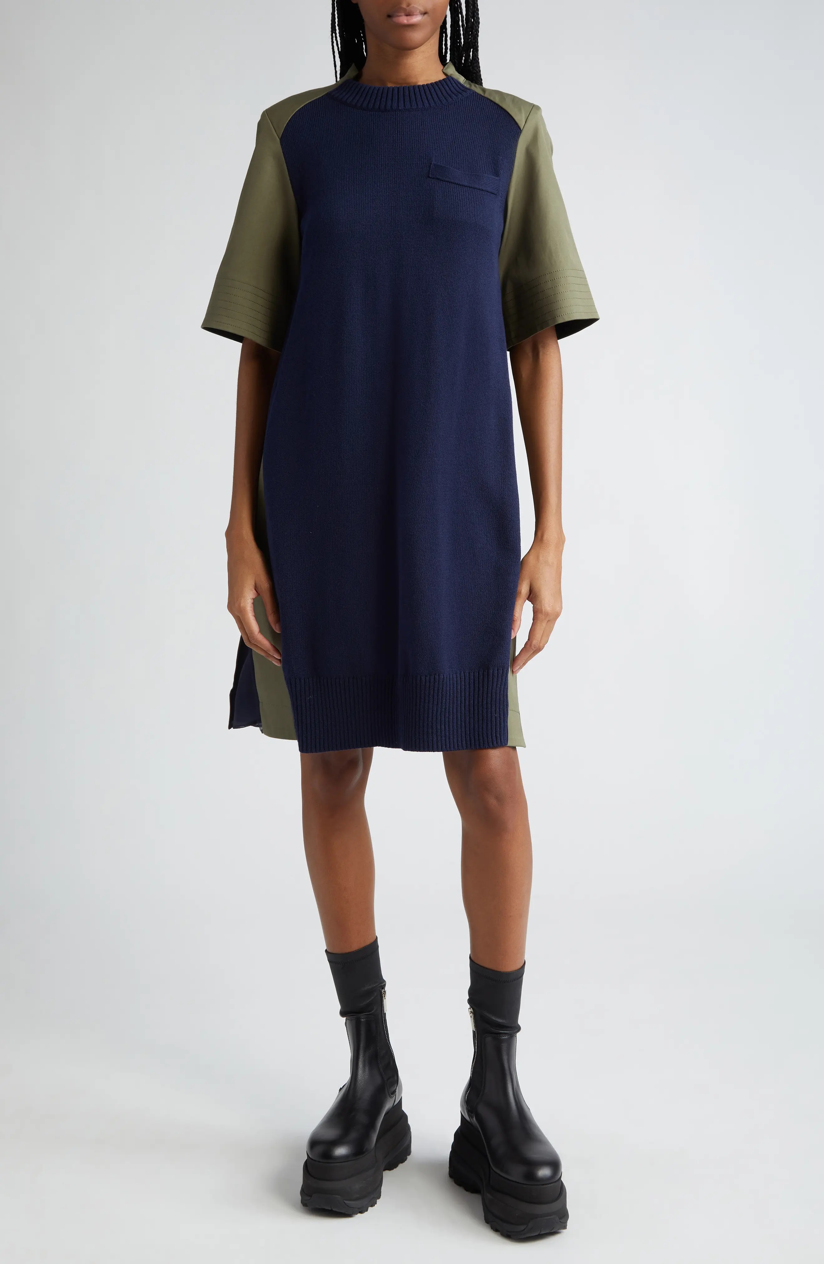 Cotton Gabardine & Sweater Knit Hybrid Dress - 1