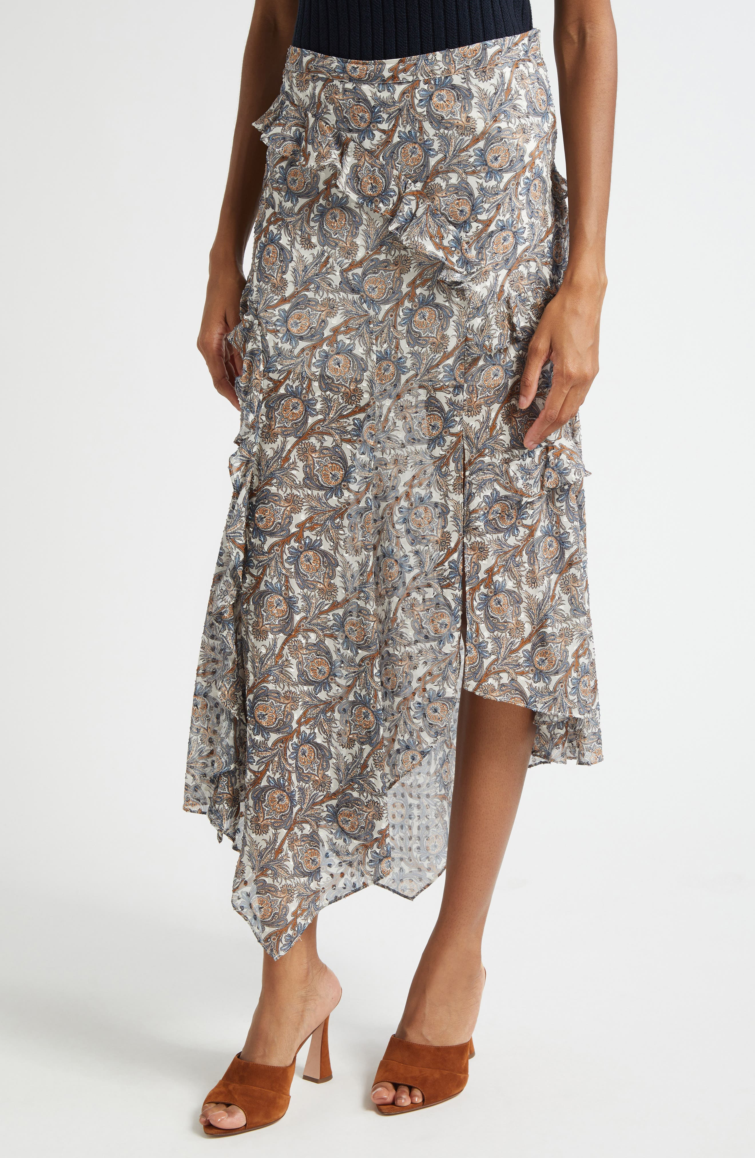 Veronica Beard Eleonora Paisley Silk Blend Asymmetric Skirt in Dove Multi at Nordstrom - 4