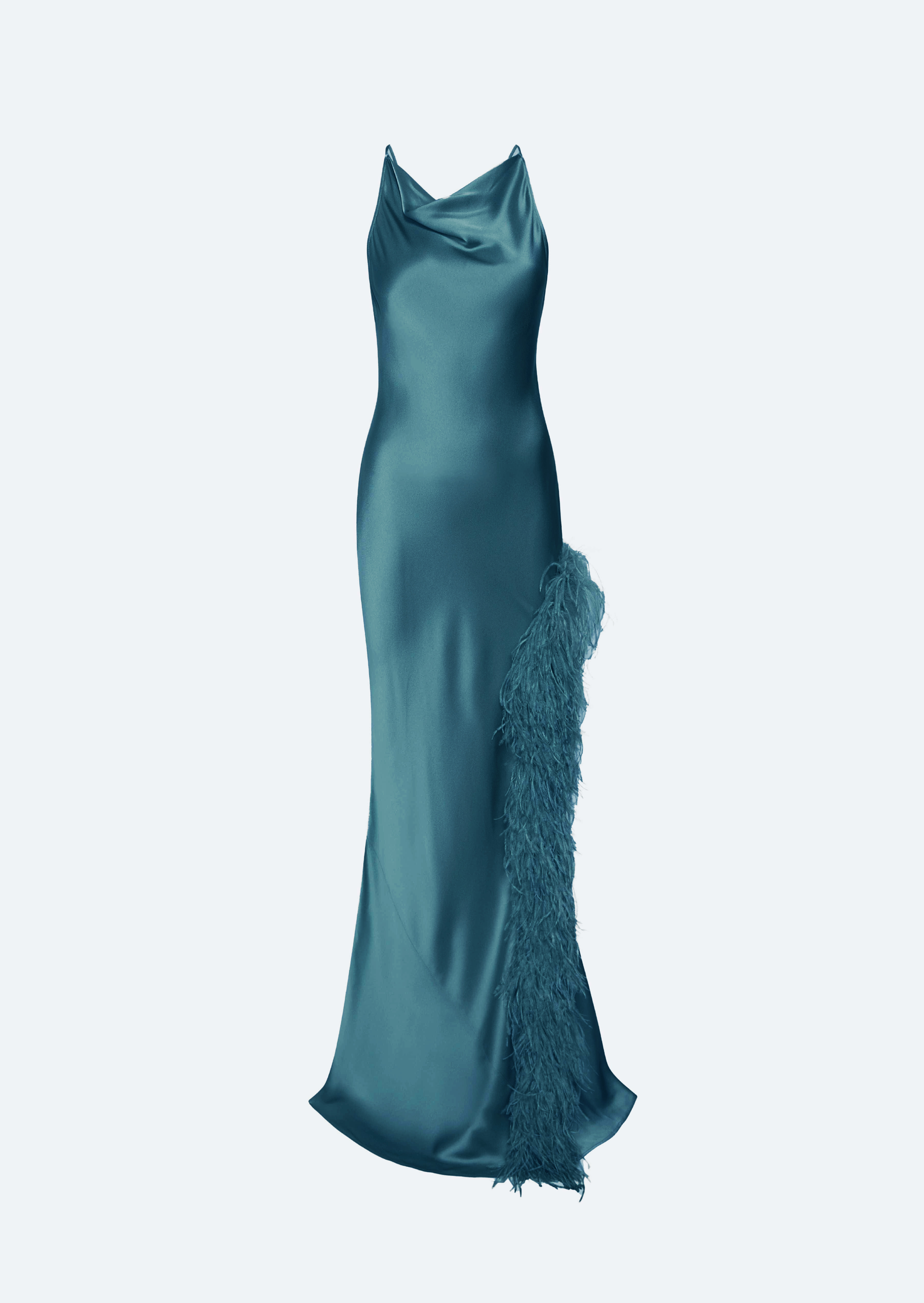 Satin Halter Gown With Feathers - 1