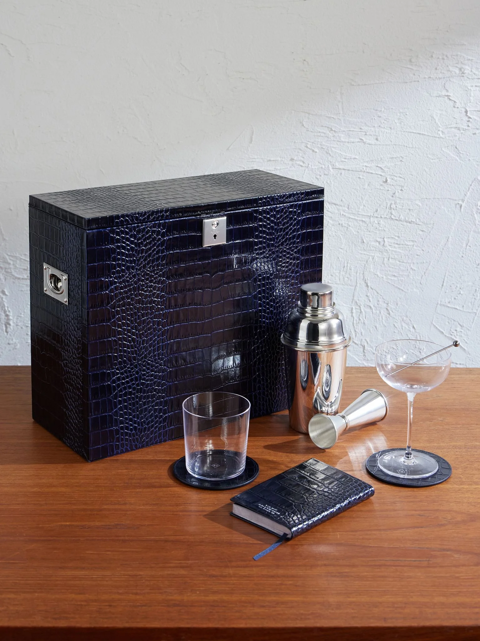 Silver-Plated and Croc-Effect Leather Cocktail Set Navy - 1