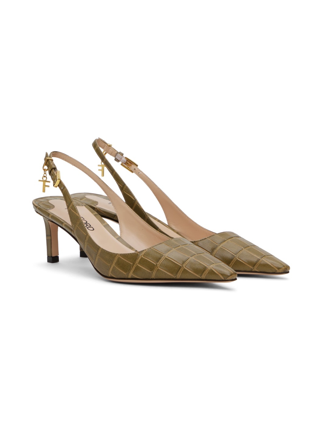 Khaki 55mm Stamped Croc Slingback Heels - 4