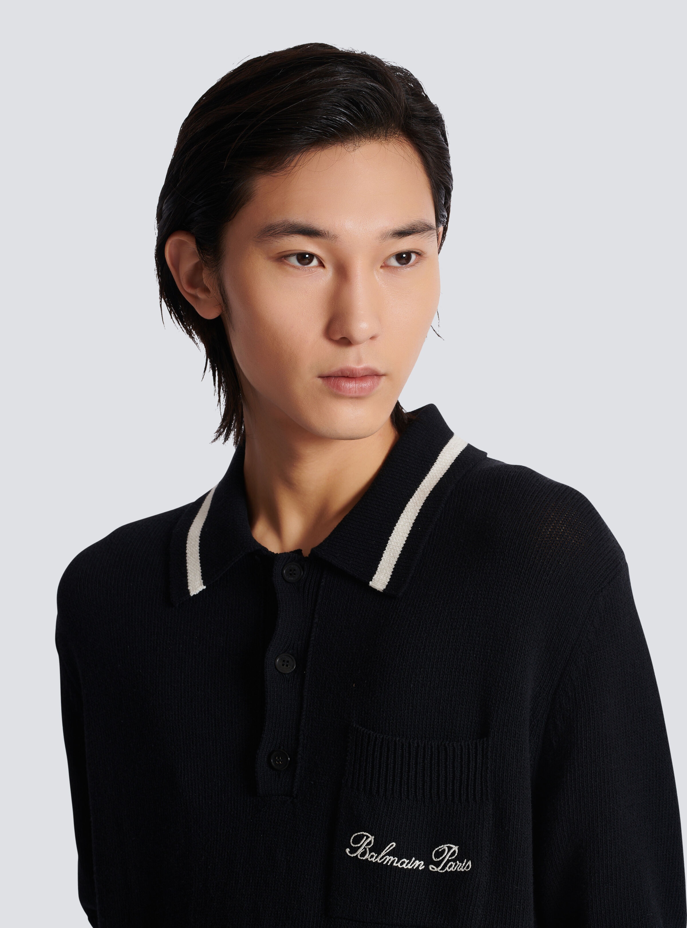 Wool polo shirt with Balmain Signature embroidery - 7