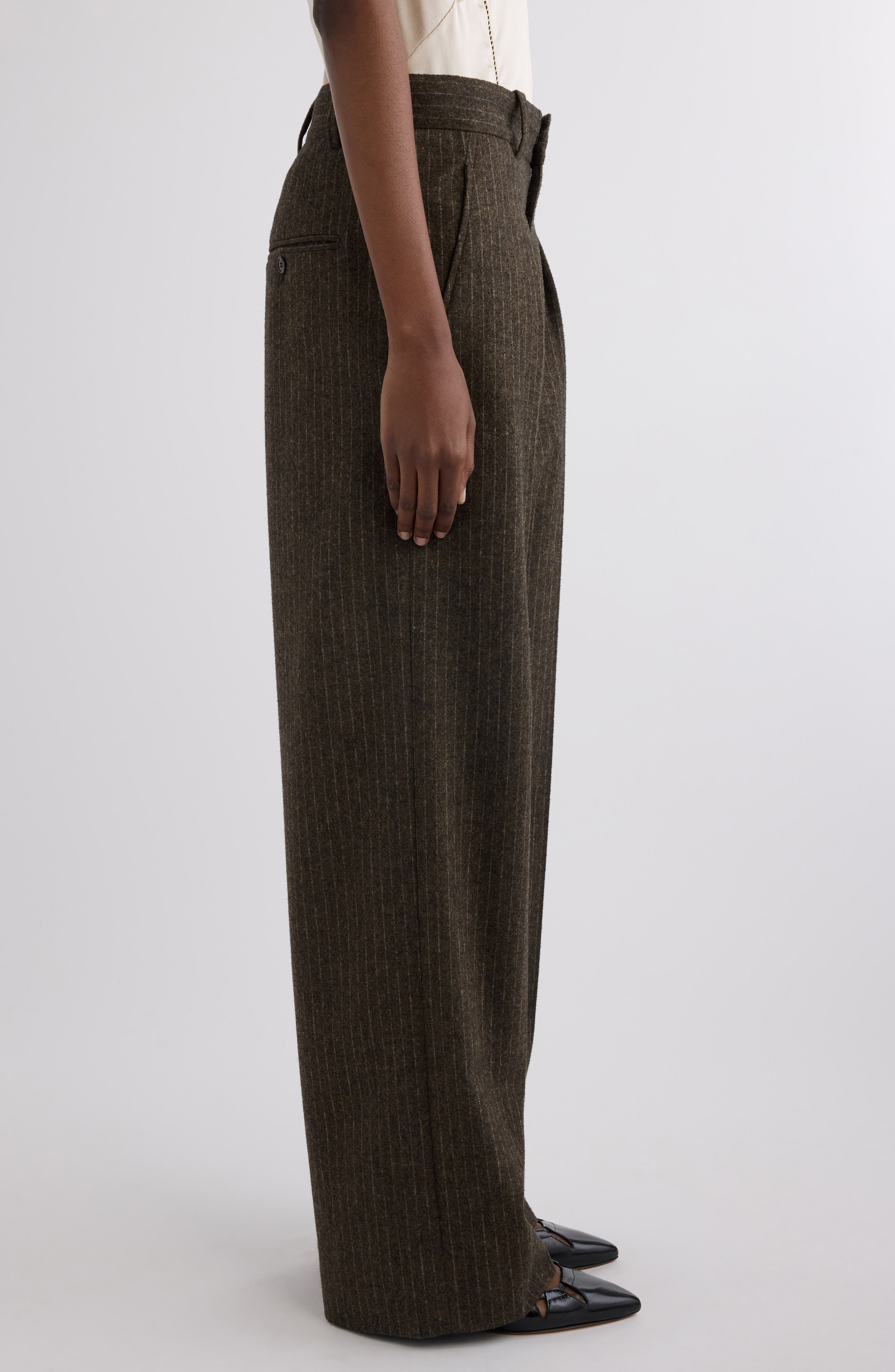 Isabel Marant Lisetta Pinstripe Pleated Wide Leg Wool Blend Trousers in Dark Khaki at Nordstrom - 4