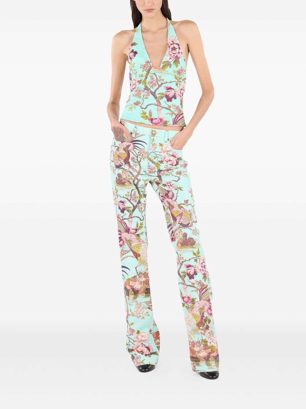 bird-print flared trousers - 2