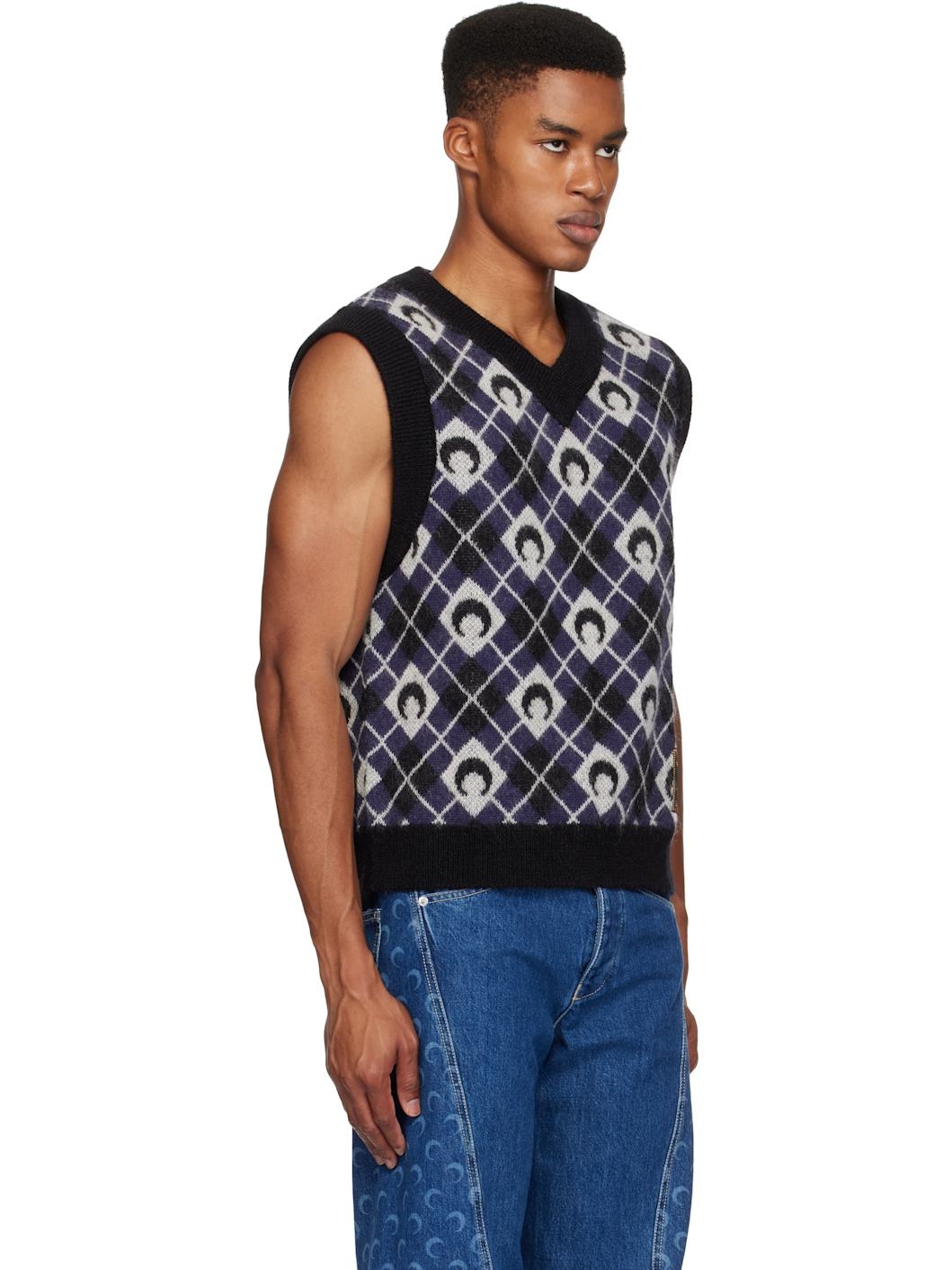 Black & Navy Moon Argyle Knit Vest - 2
