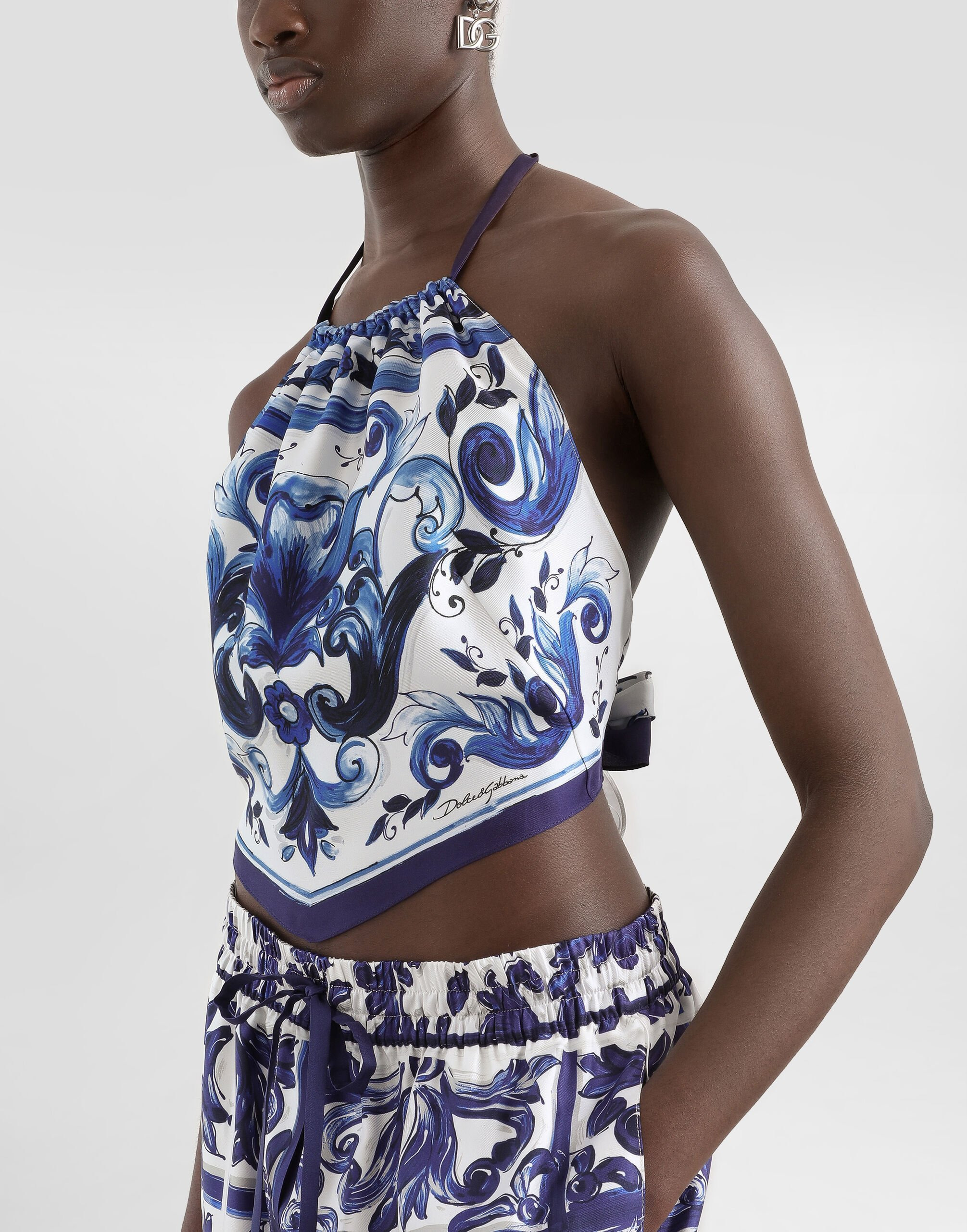 Majolica-print silk top - 4
