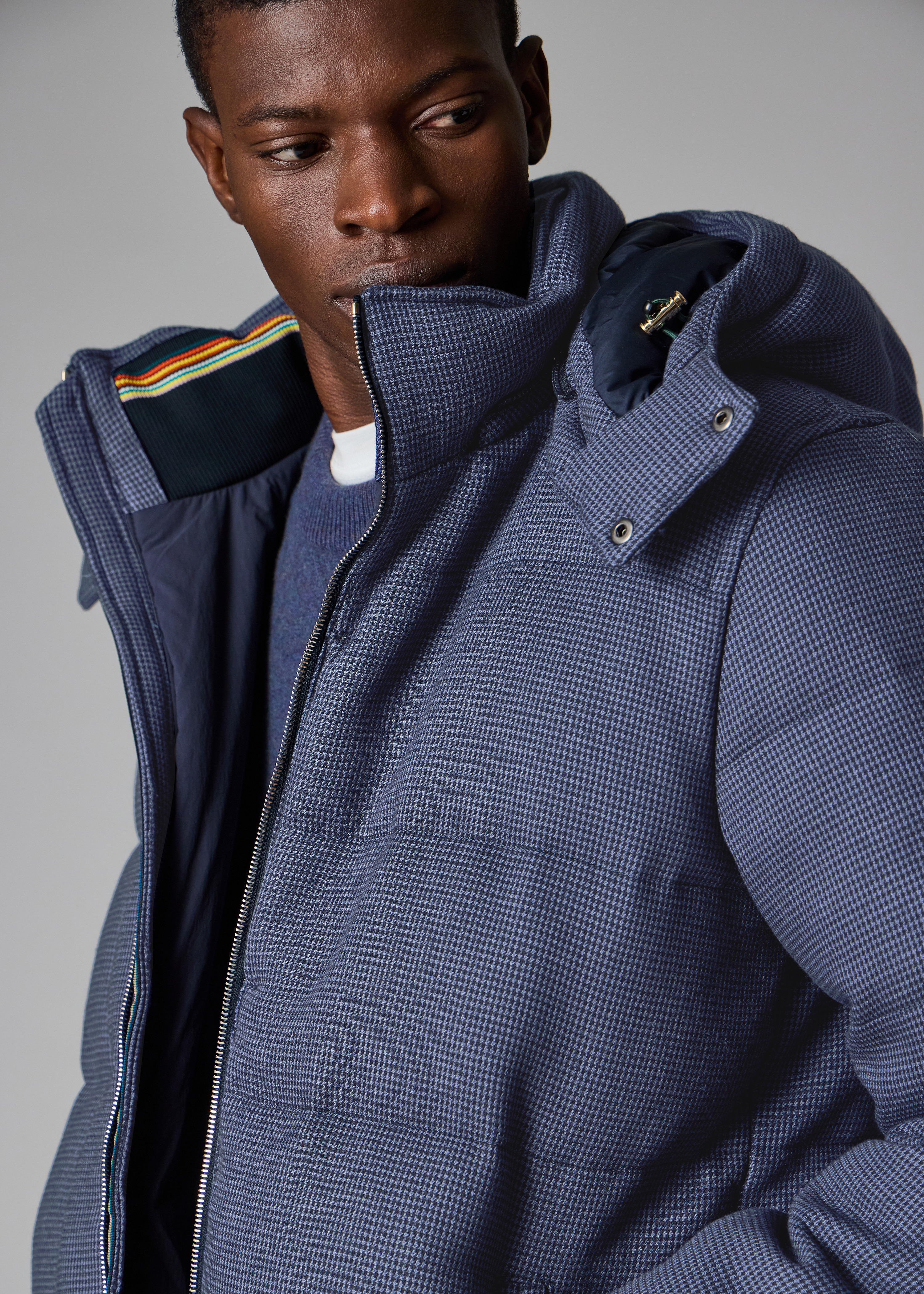 Navy Houndstooth Down Jacket with Detachable Hood - 6