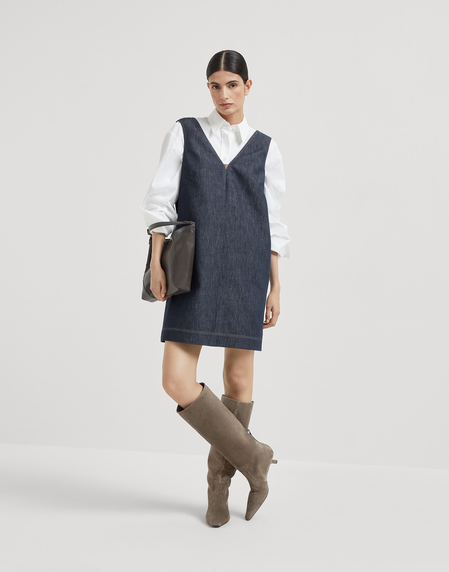 Cotton denim-effect twill mini dress with monili - 5