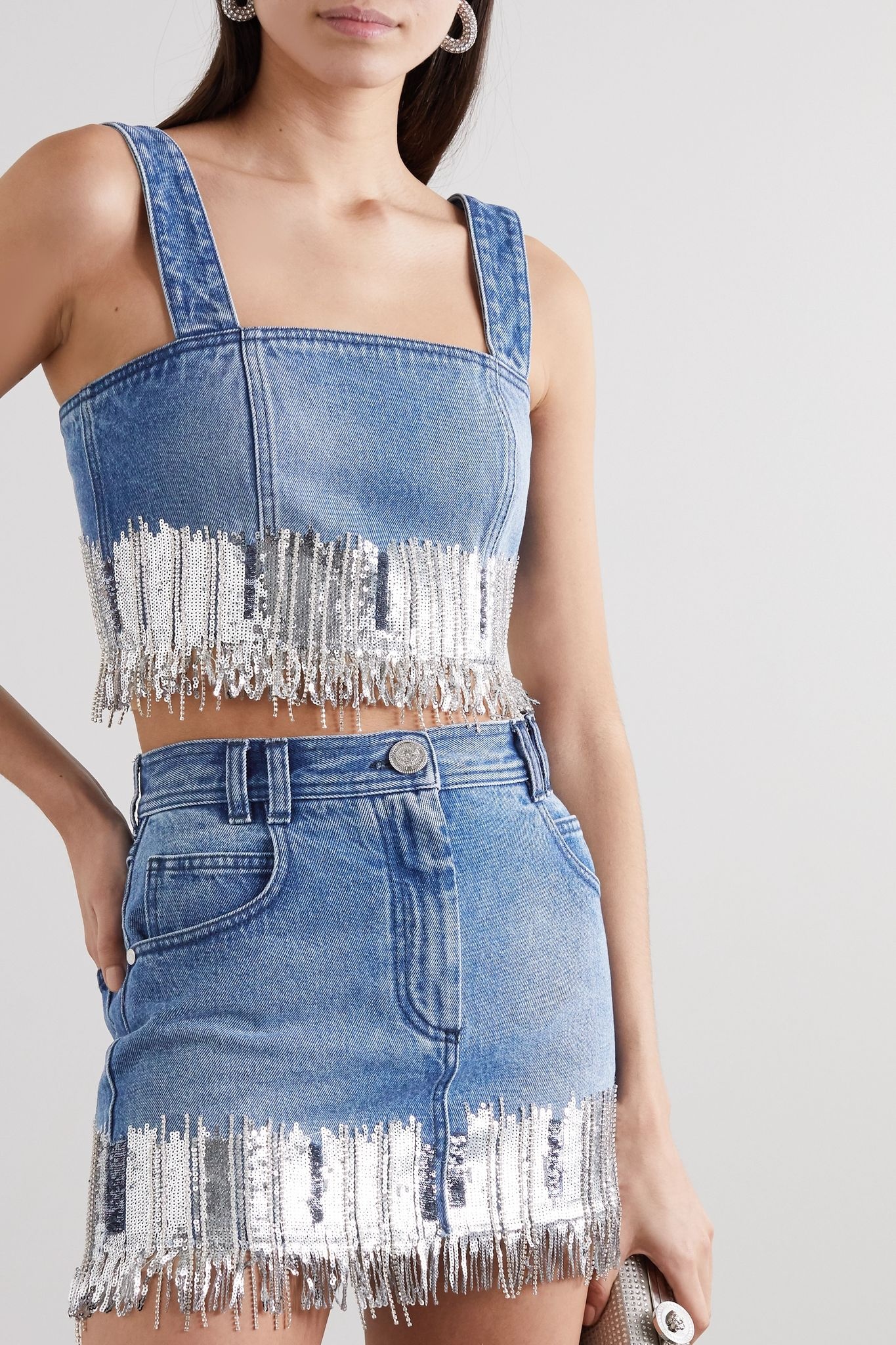 Cropped fringed sequined denim top - 3