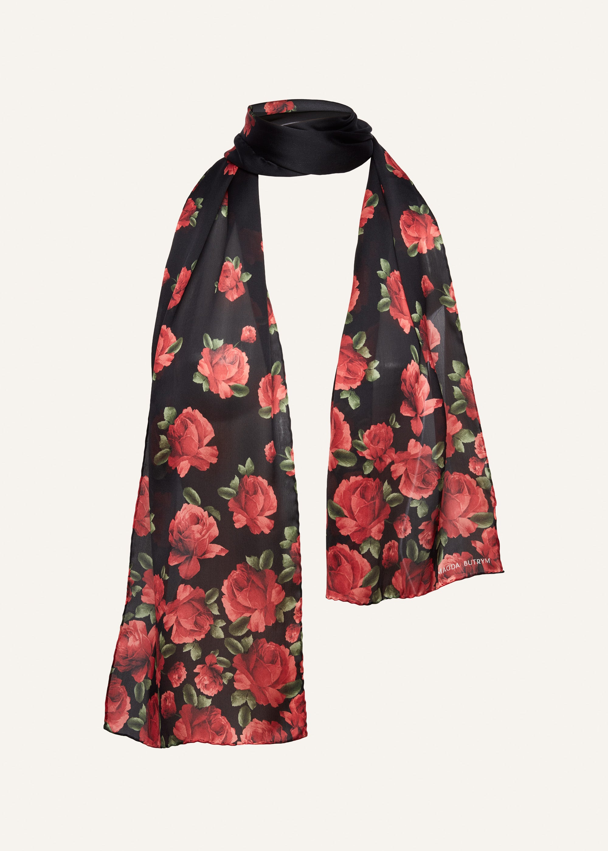 Rose printed silk scarf in black - 1