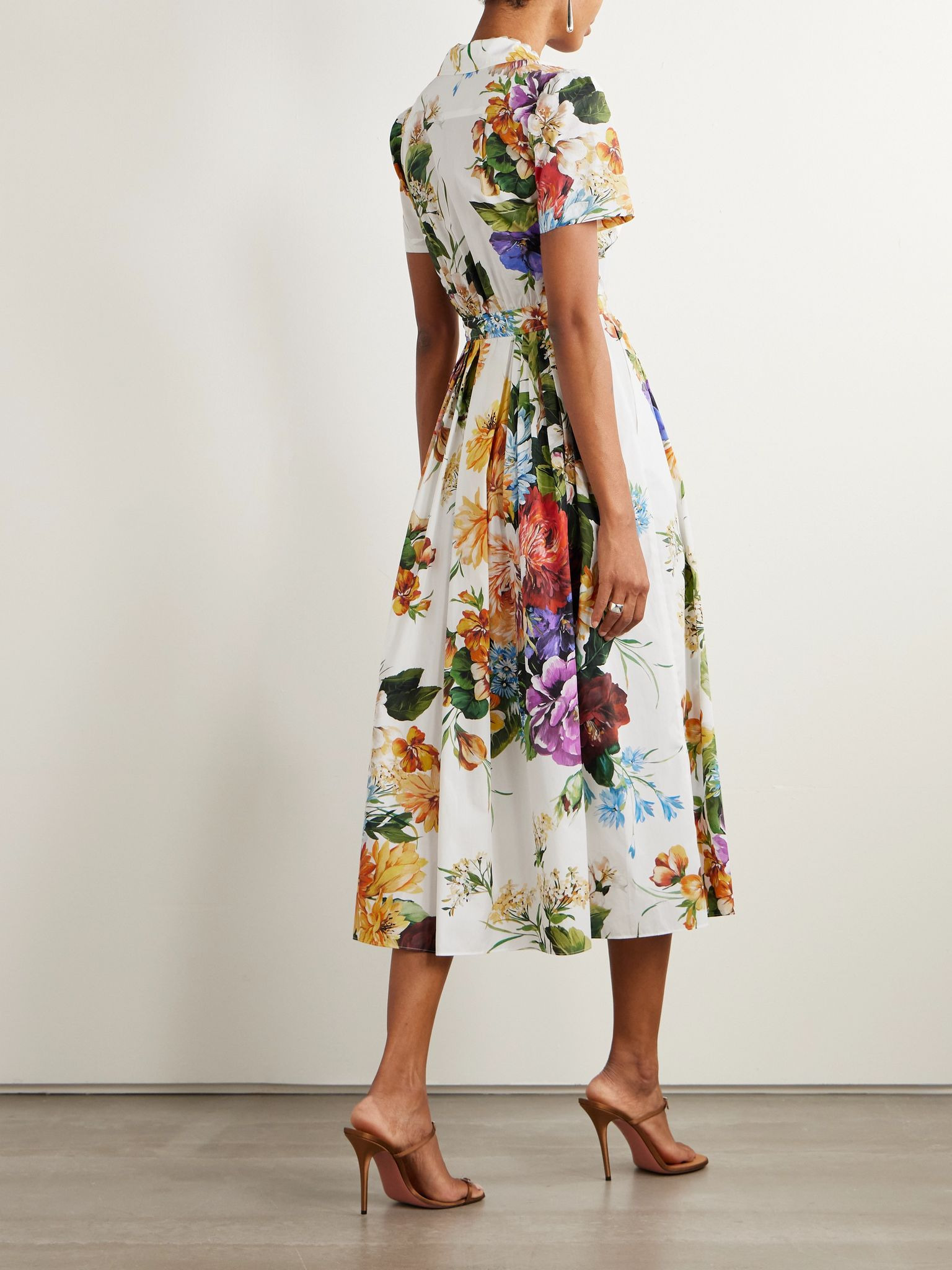 Pleated floral-print cotton-poplin midi dress White - 3