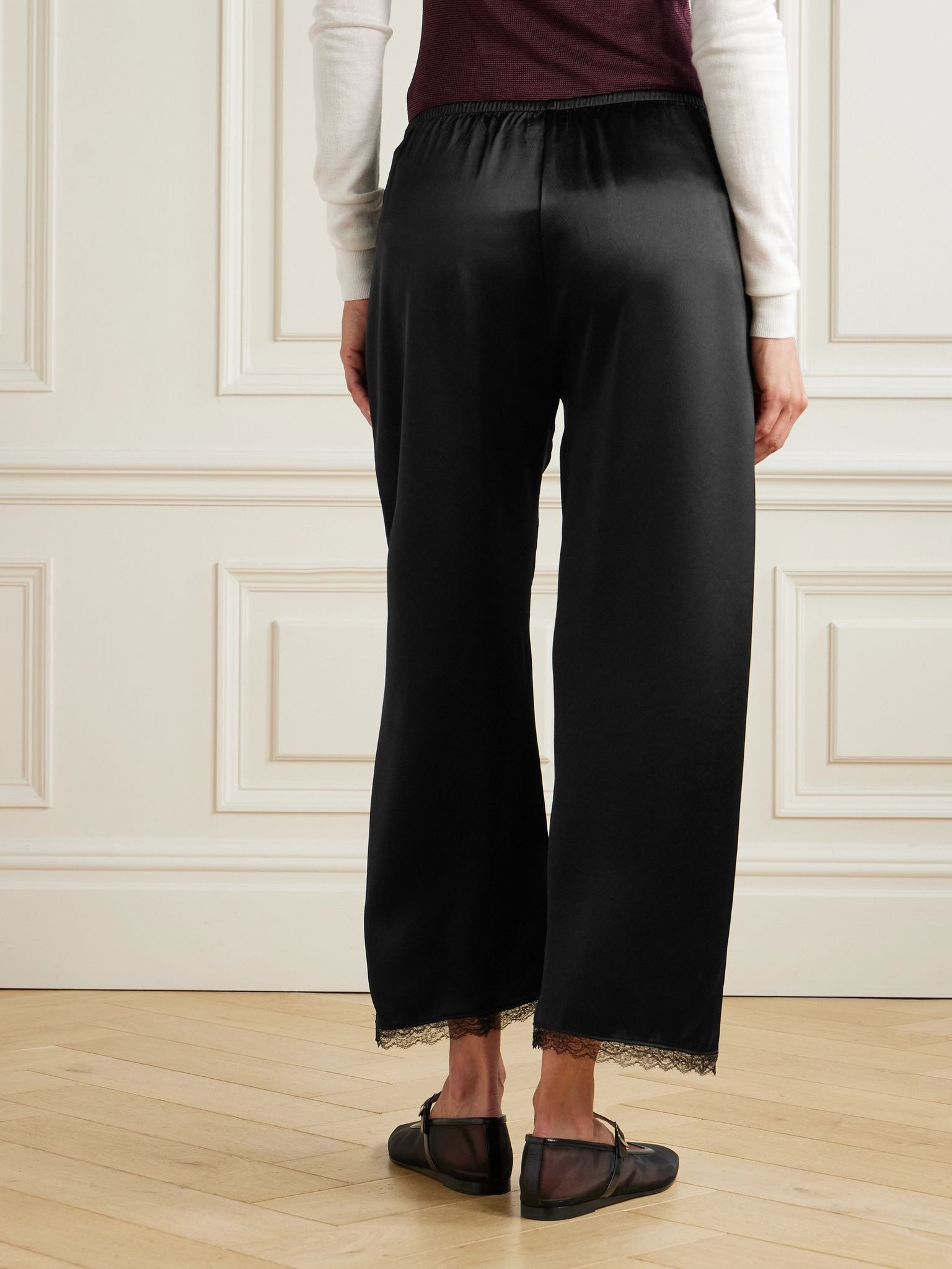 Barb lace-trimmed satin wide-leg pants Black - 4