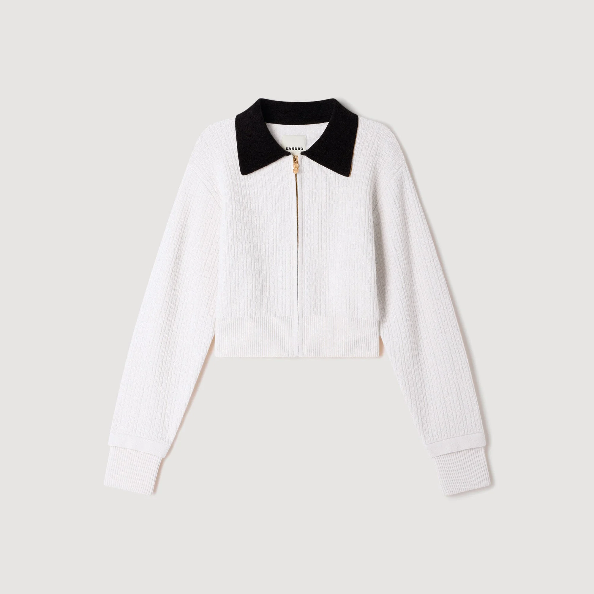 CABLE KNIT VELVET COLLAR CARDIGAN - 1