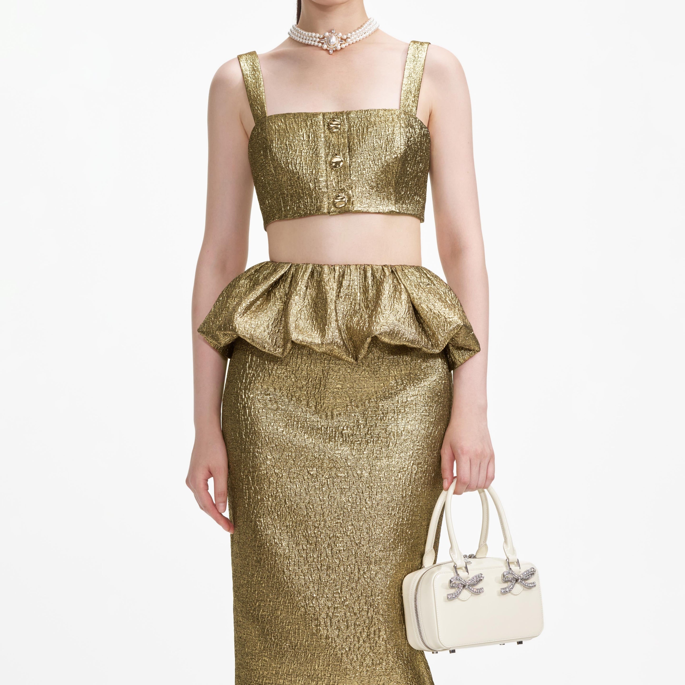 Gold Metallic Jacquard Crop Top - 4