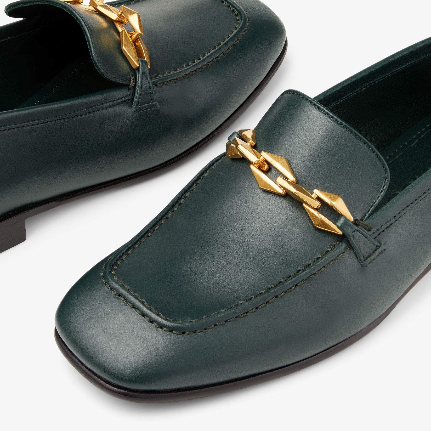 Diamond Tilda Loafer
Dark Green Calf Leather Loafers with Diamond Chain - 3