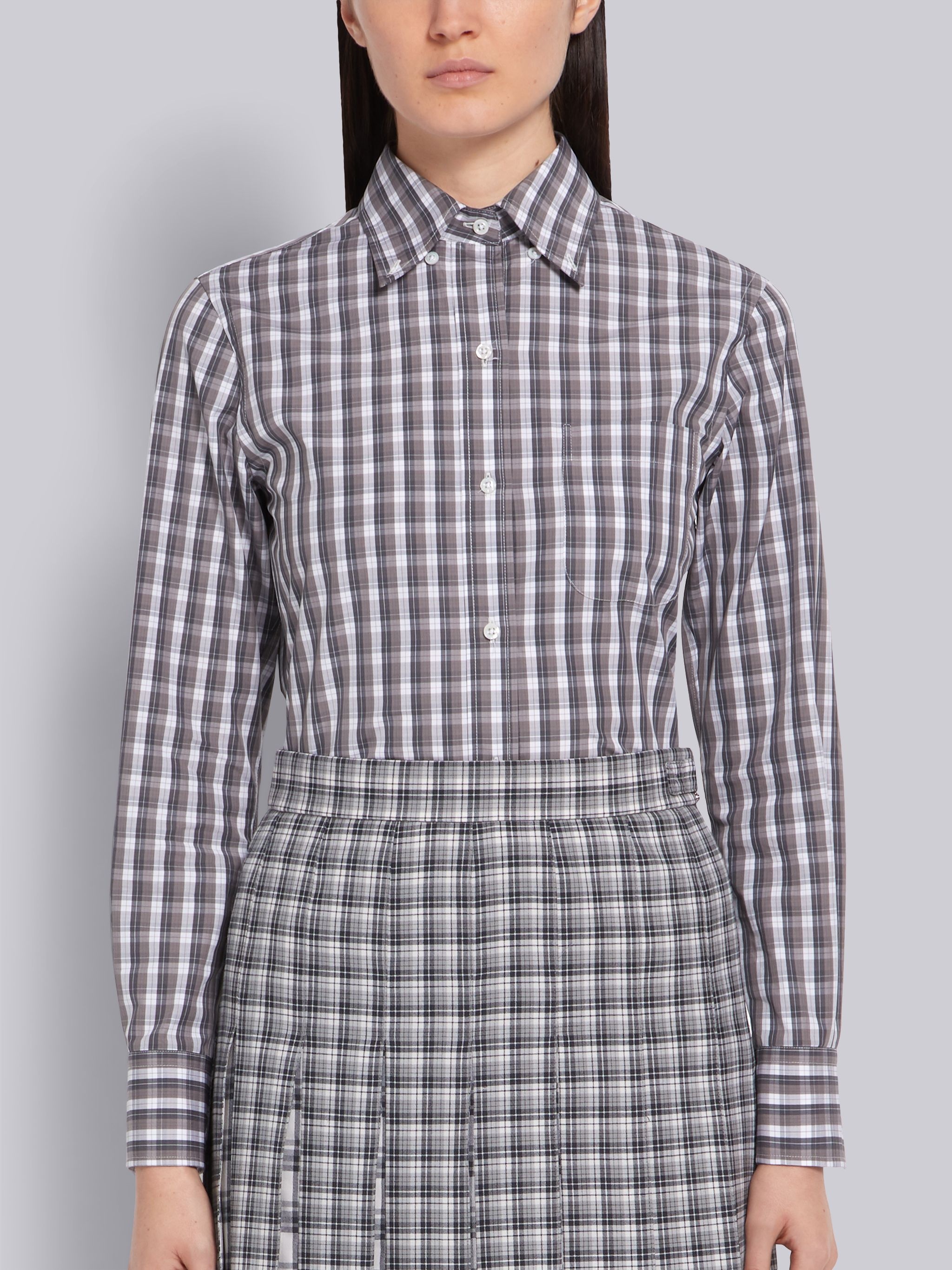 Medium Grey Poplin Micro Buffalo Check Long Sleeve Button Down - 1