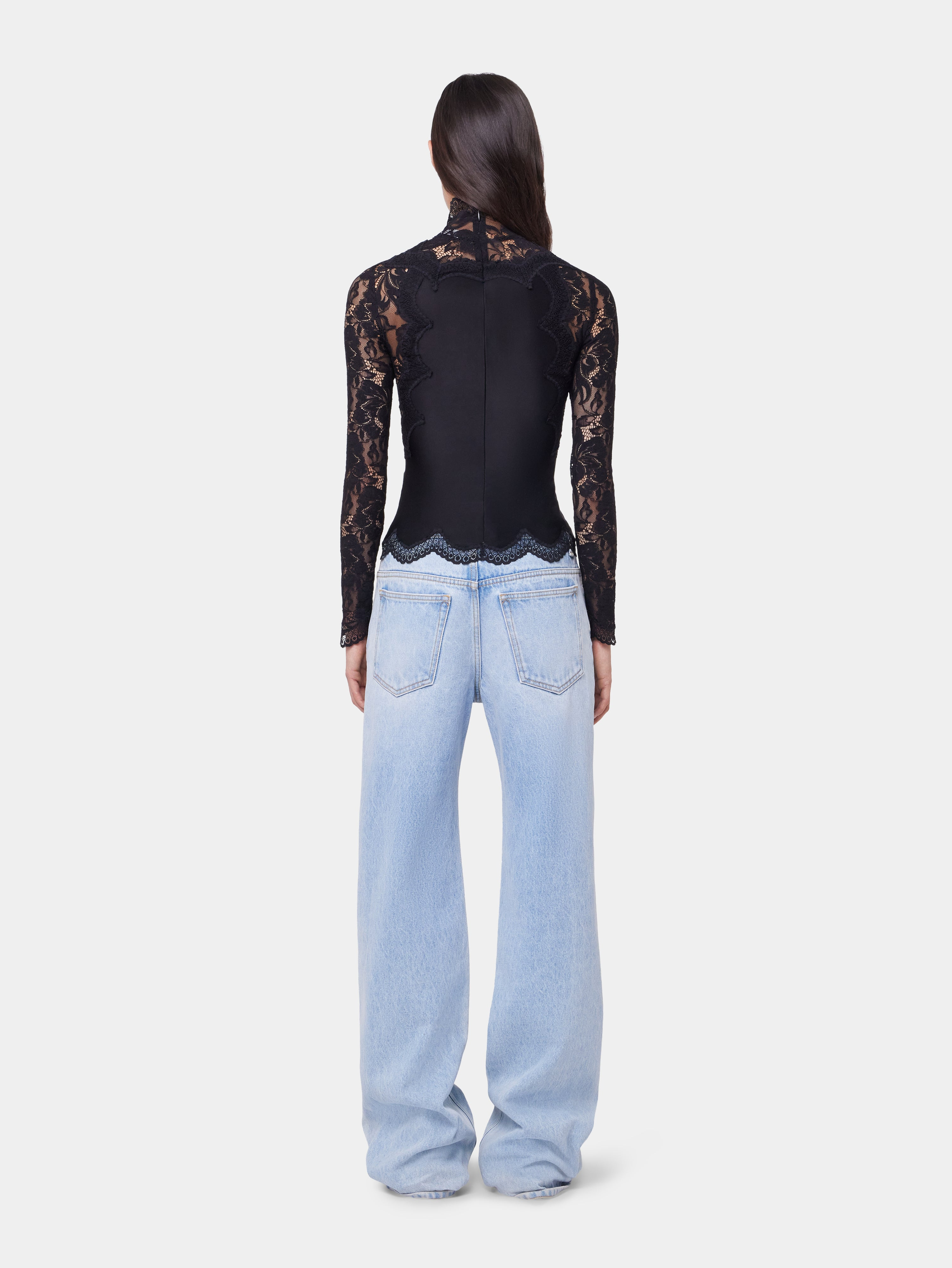 BLACK LONG SLEEVE TOP IN LACE AND JERSEY - 5