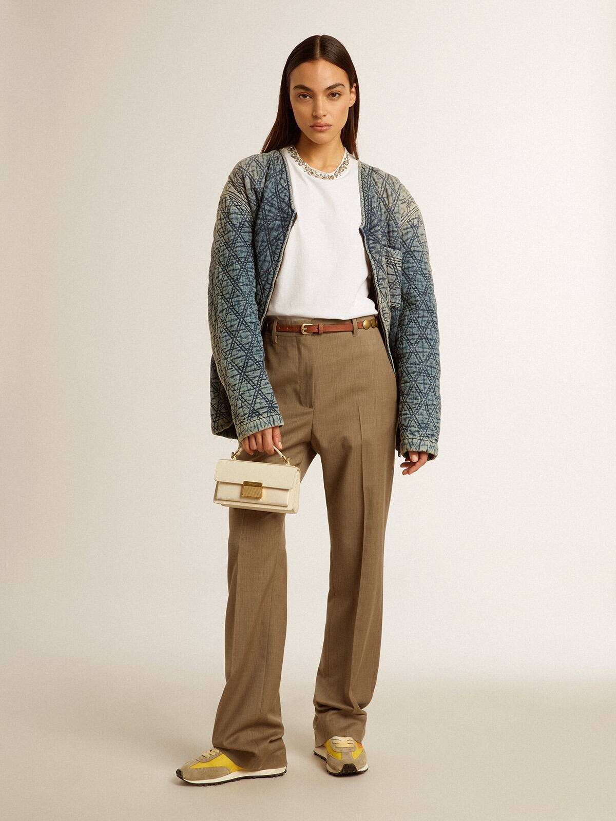 Women's blue quilted jacket in cotton denim with distressed finish - 3