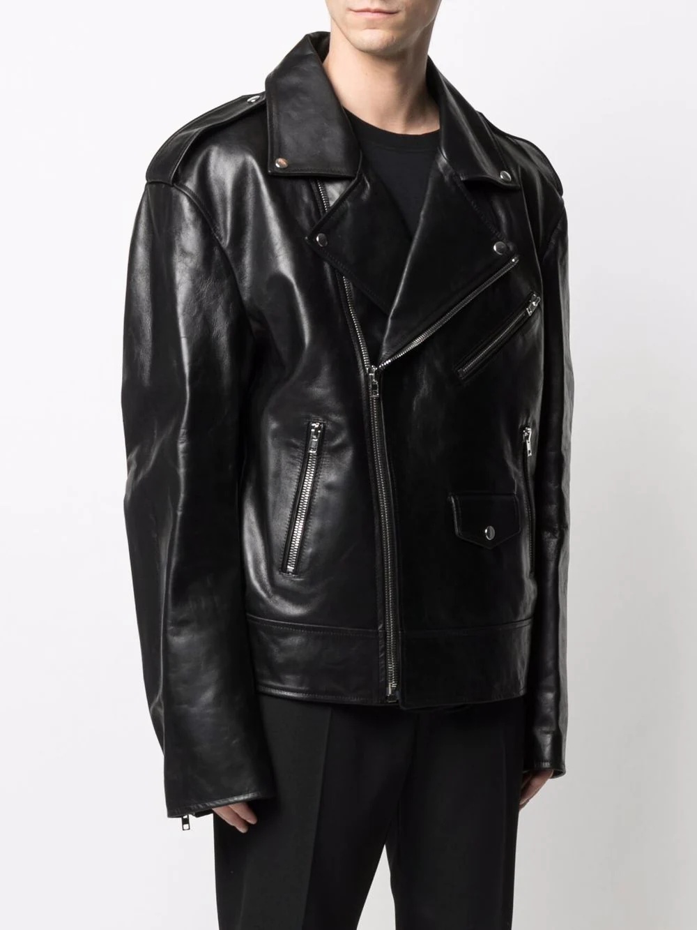 notched-lapels leather biker jacket - 4