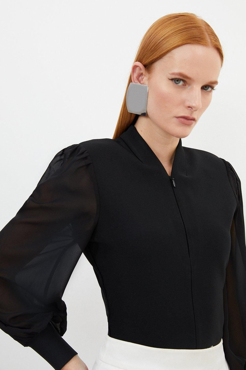 KAREN MILLEN Bandage Figure Form Zip Detail Chiffon Sleeve Knit Top outlook