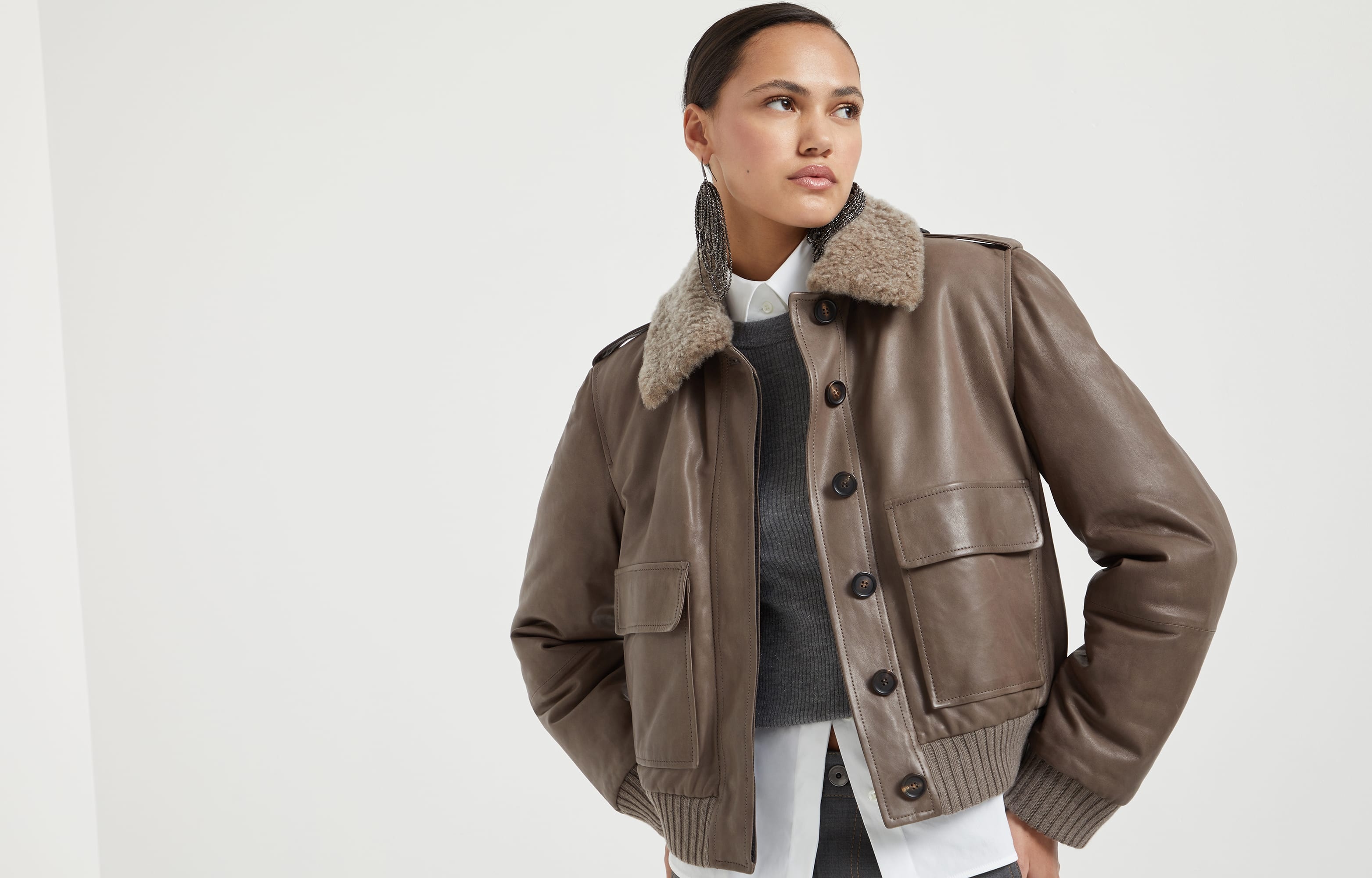 Country nappa leather padded outerwear jacket with detachable shearling collar and monili - 6