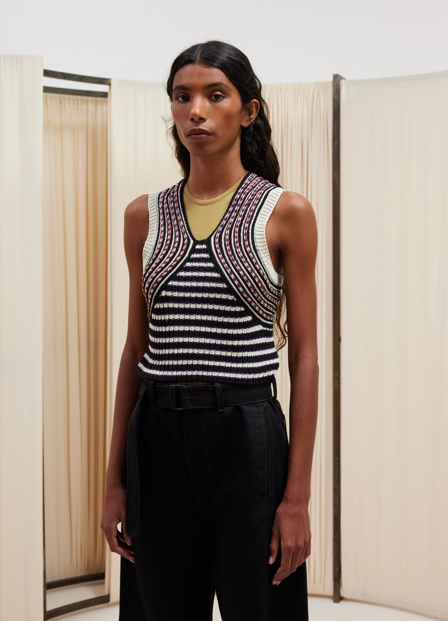 STRIPED SLEEVELESS SWEATER WITH BRAIDS - 1
