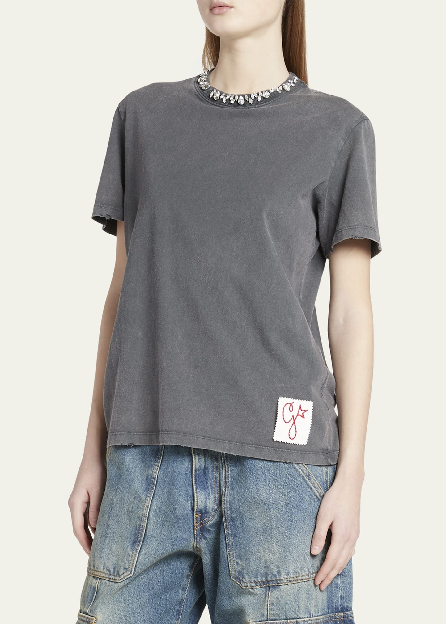Distressed Crystal Emrboidered Crewneck Tee - 4