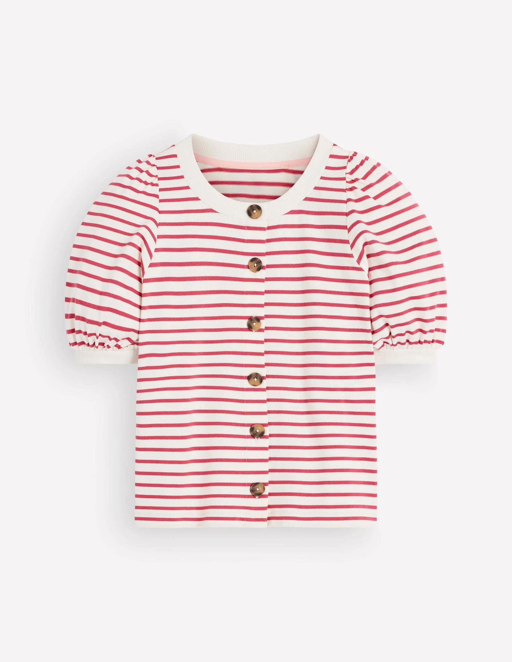 Button-through Full Sleeve Top-Ivory and Hollyberry Stripe - 1