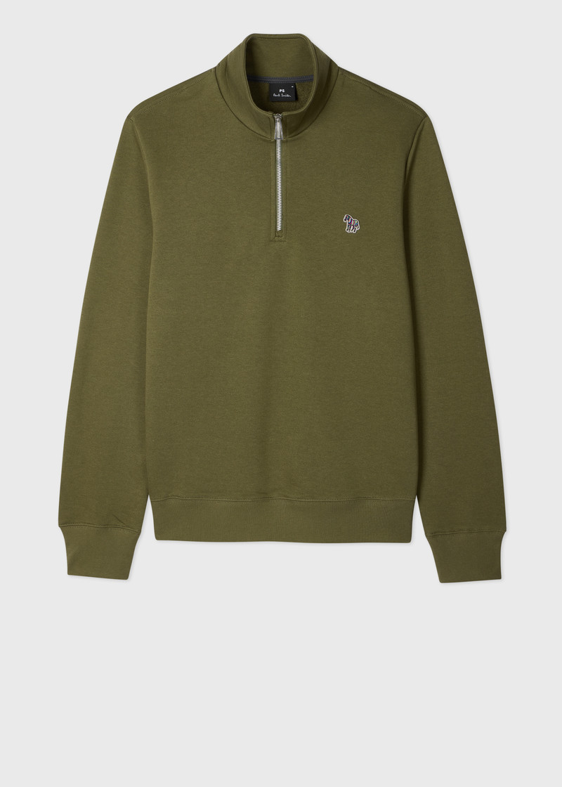 Khaki Green Organic Cotton Zebra Logo Half-Zip Sweatshirt 1