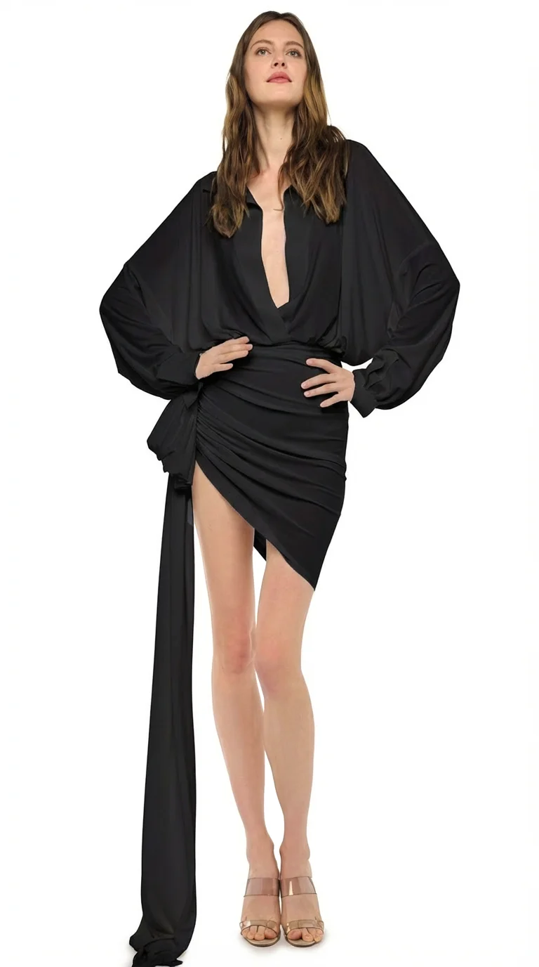OVERSIZED NK SIDE DRAPE DRESS W/ BOW - 1